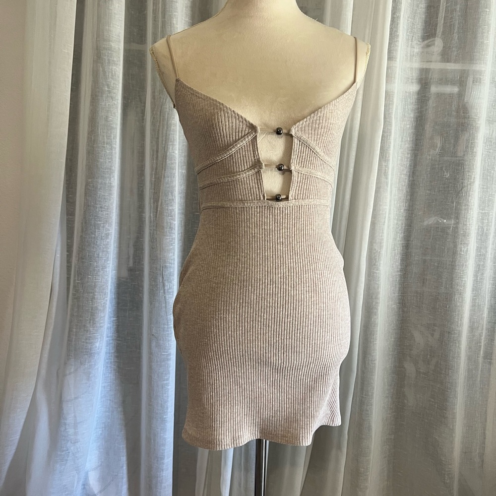 PLT Beige Ribbed Knit Mini Dress